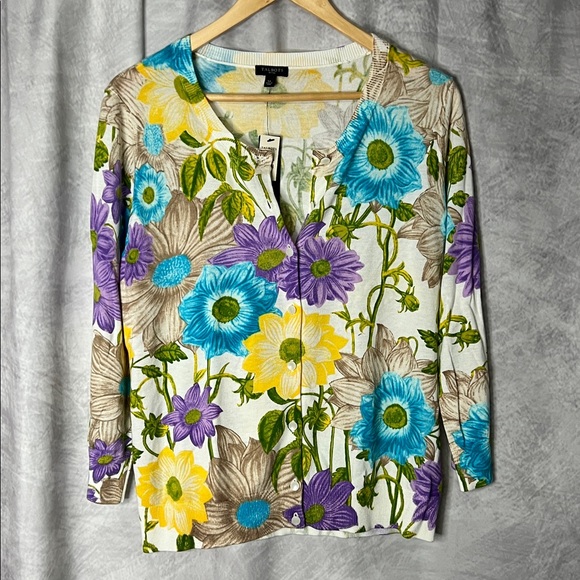 Talbots NWT Blue, Purple, Yellow, Green & Cream Floral 3/4 Sleeve Cardigan - LP - Picture 6 of 10